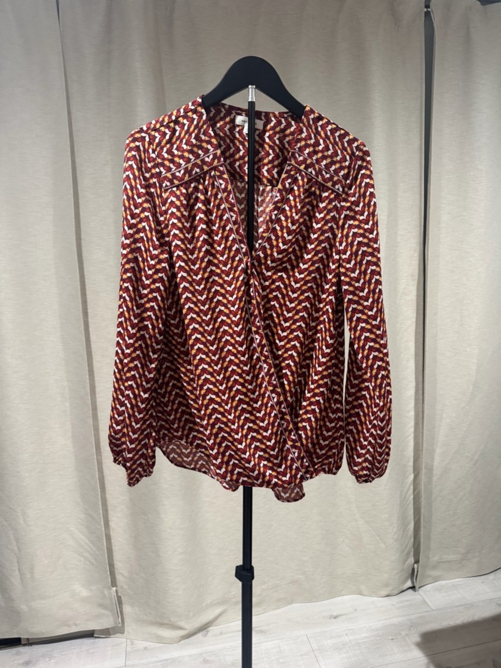 Max Studio Retro Geometric Blouse in Burgundy, Mustard & Cream